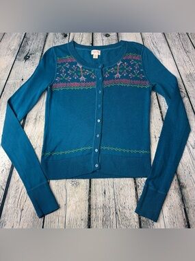 Mossimo Supply Co. Teal Floral Fair Isle Button-Up Cardigan Lightweight Size L